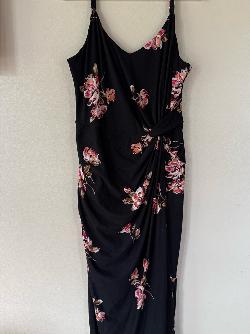 Black Floral Twist-Front Midi Dress